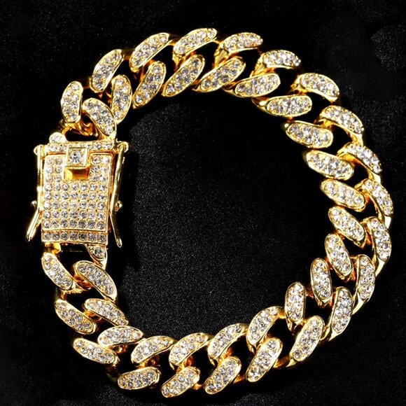 ⭐ Large Cuban Men's 8" Iced Out Diamond Hip Hop Style Bracelet 18k Gold Pltd ⭐ - Picture 2 of 5